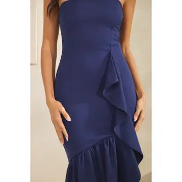 Strapless Ruffled High Low Maxi Dress