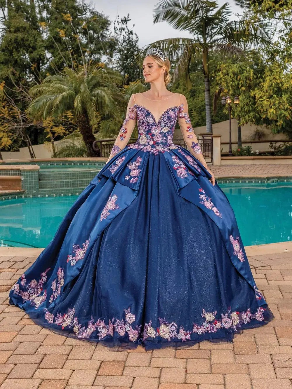 Quinceañera Ball Gown with Floral Embroidery and Illusion Sleeves