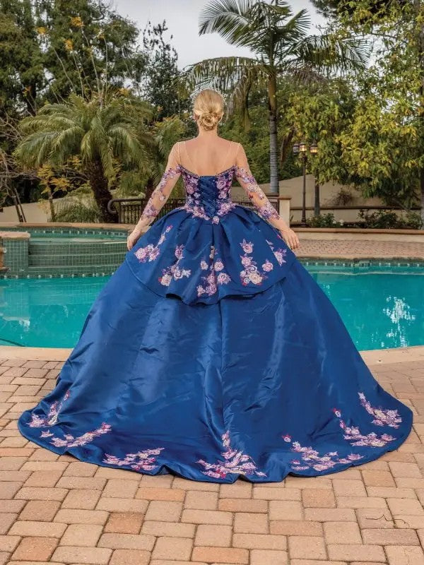 Quinceañera Ball Gown with Floral Embroidery and Illusion Sleeves