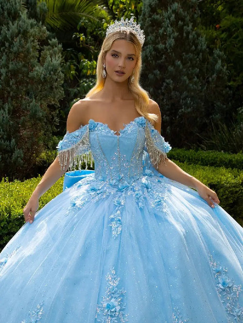 Chandelier Beading Accented Floral Embroidered Glitter Mesh Quinceanera Dress with Back Bows