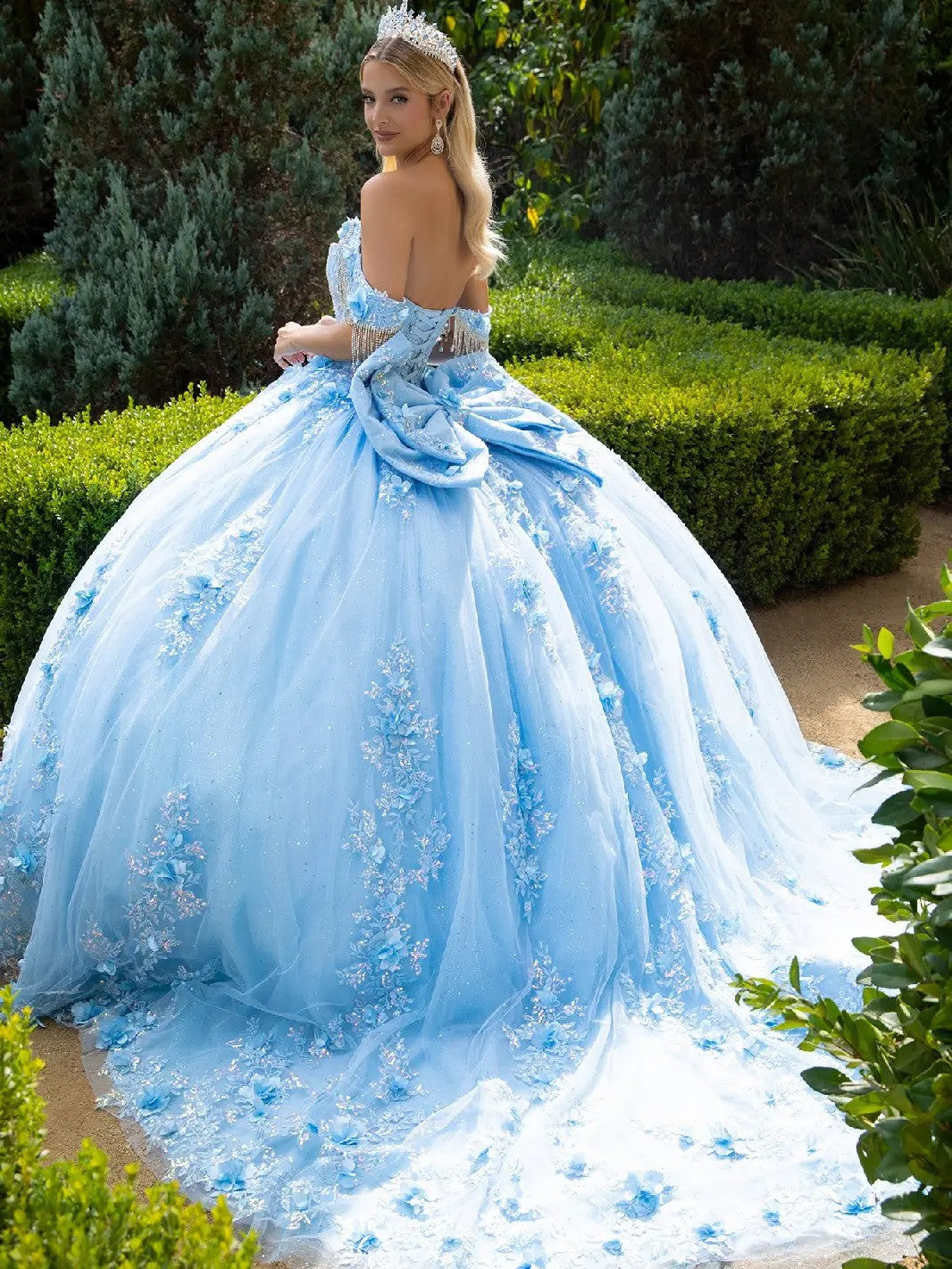 Chandelier Beading Accented Floral Embroidered Glitter Mesh Quinceanera Dress with Back Bows