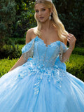 Chandelier Beading Accented Floral Embroidered Glitter Mesh Quinceanera Dress with Back Bows