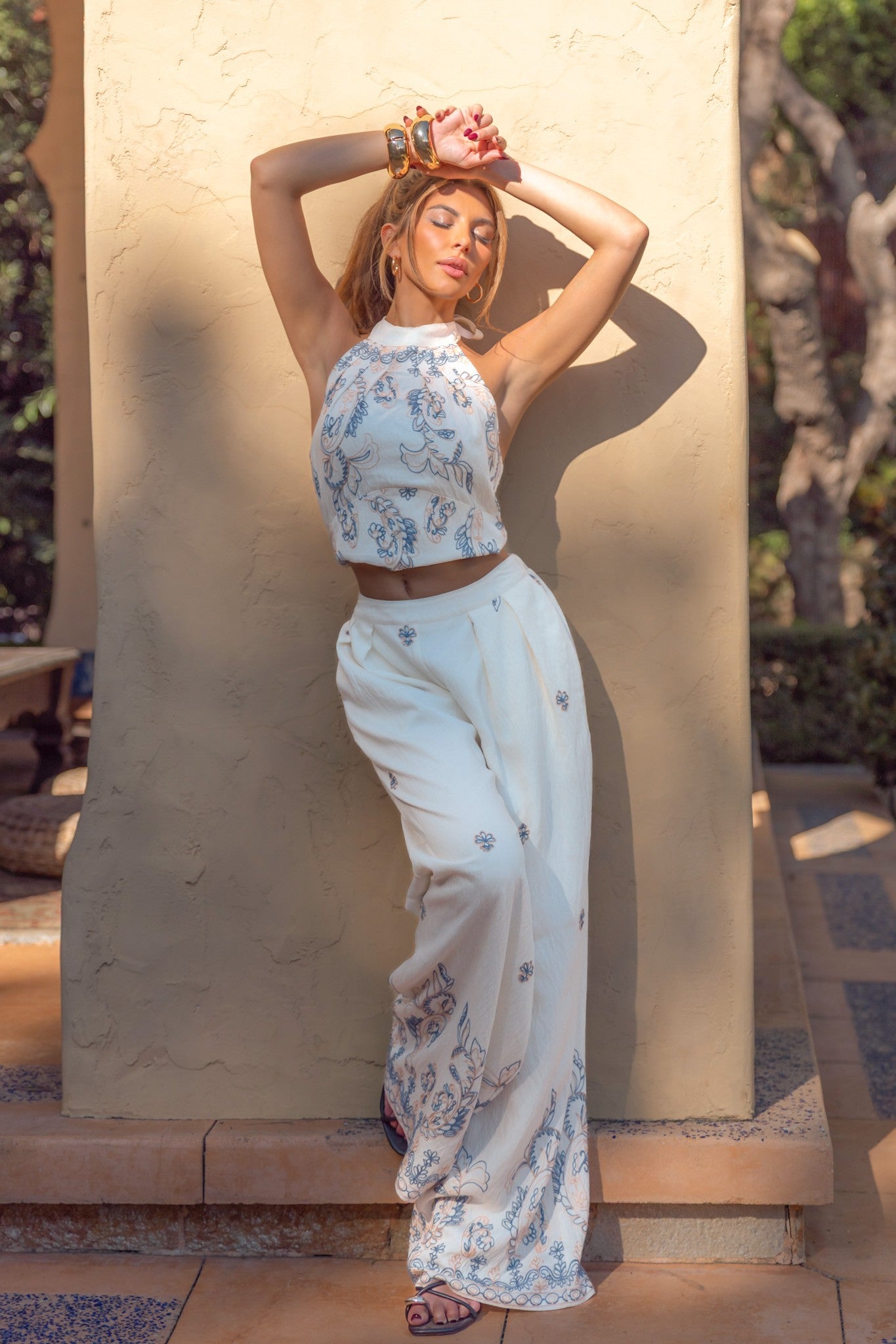 Embroidered Halter Top And Pants Set