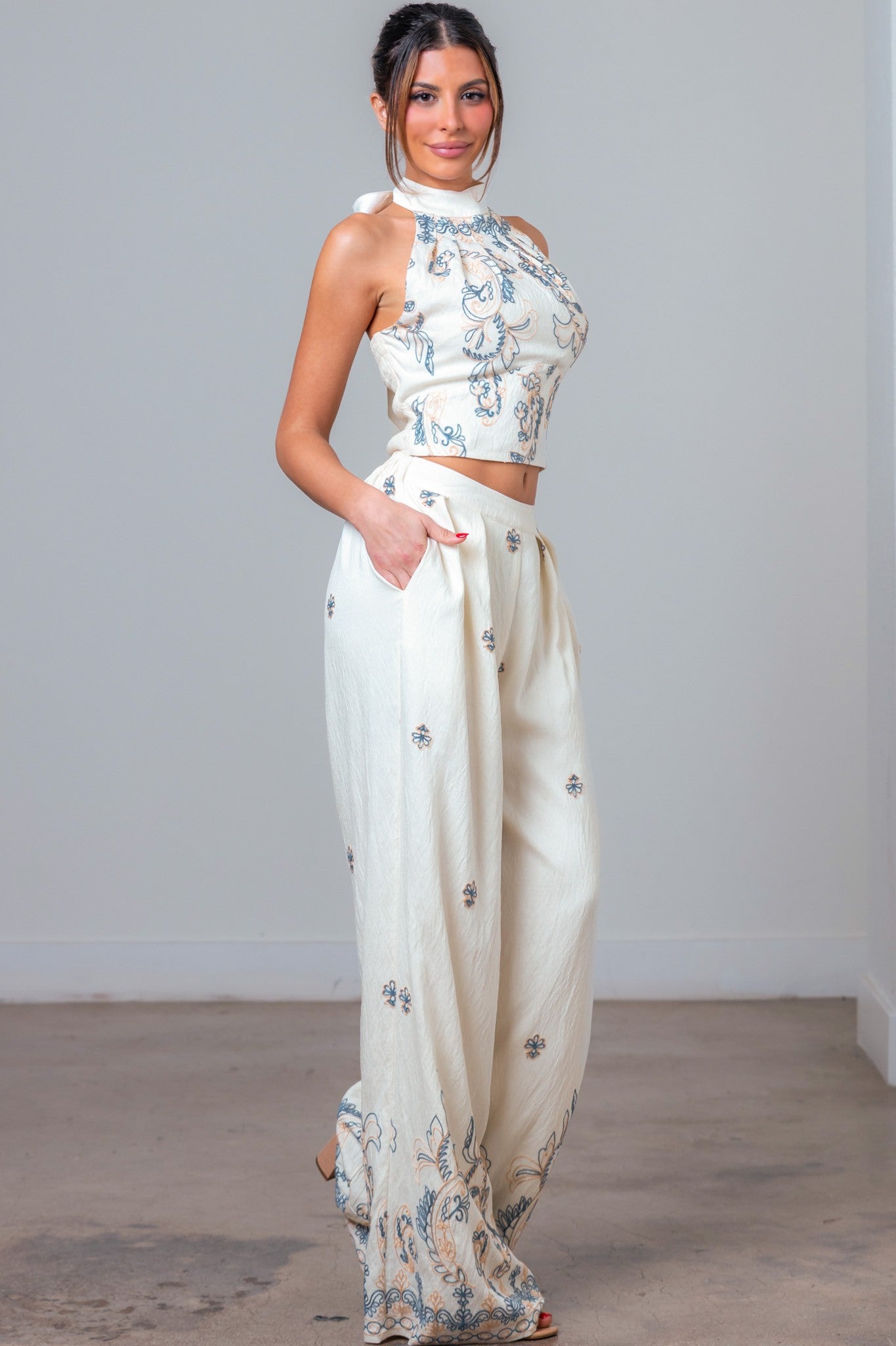 Embroidered Halter Top And Pants Set