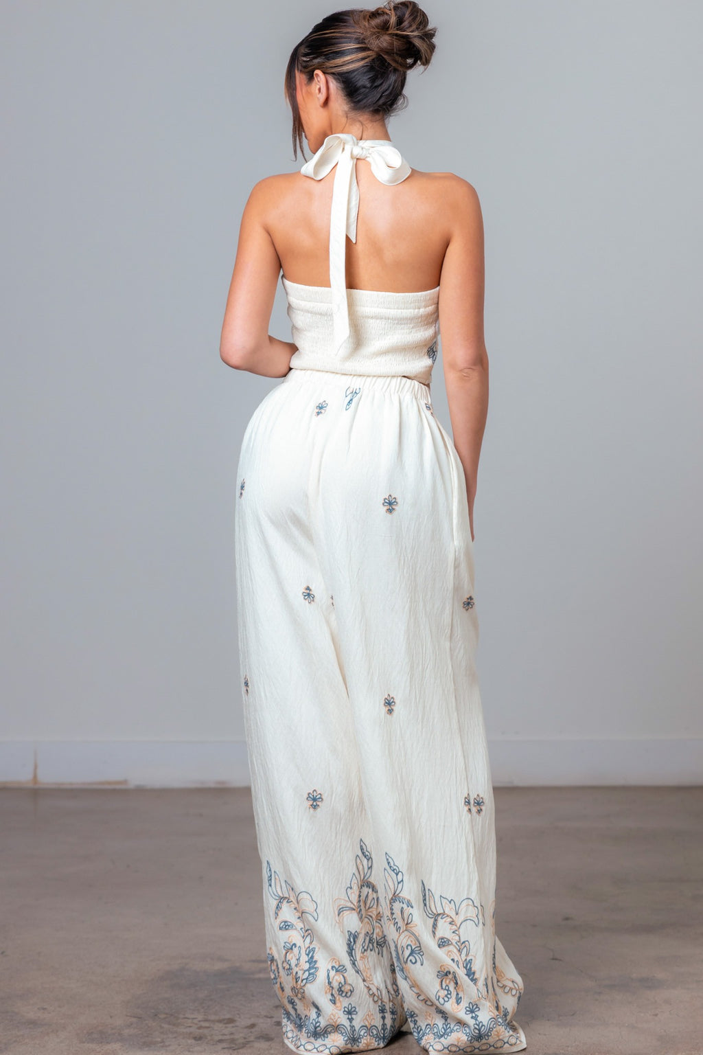 Embroidered Halter Top And Pants Set