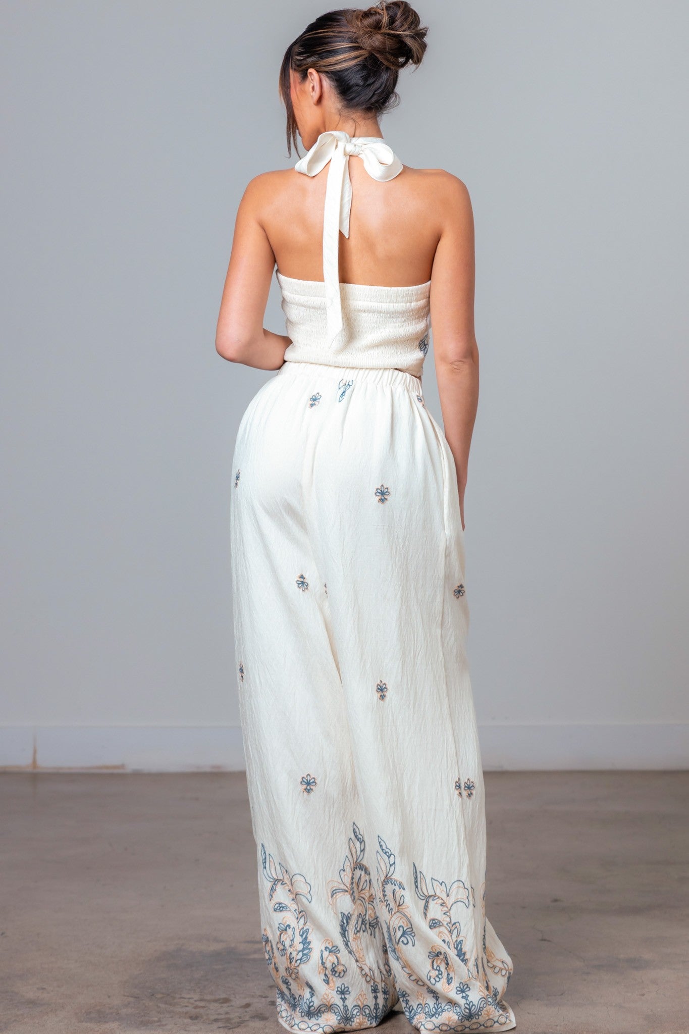 Embroidered Halter Top And Pants Set