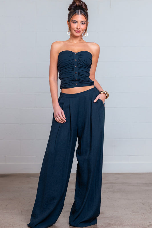 Solid Ruched Sleeveless Top And Pants