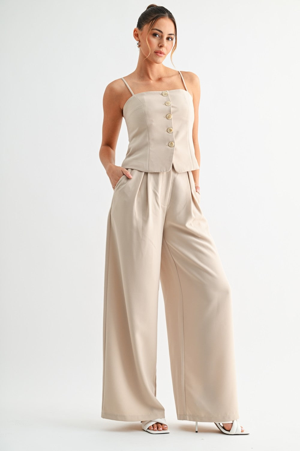 Button Front Top & Wide Leg Pant Set