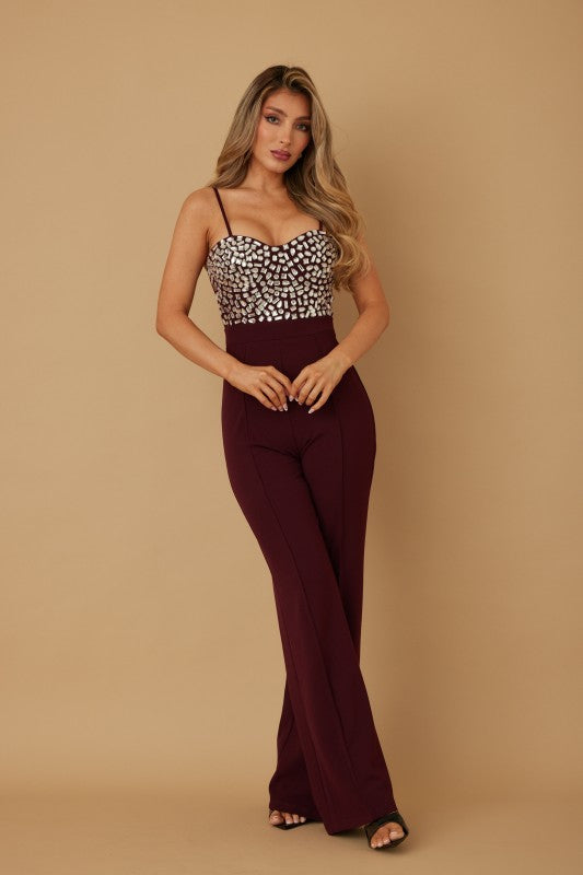 Jewel Sewn Detailed Top Fashion Jumpsuit