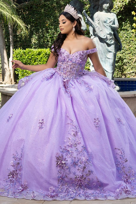 Off Shoulder 3d Floral Applique Quinceanera Dress