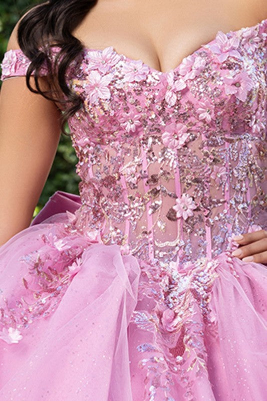 Off Shoulder 3d Floral Applique Quinceanera Dress