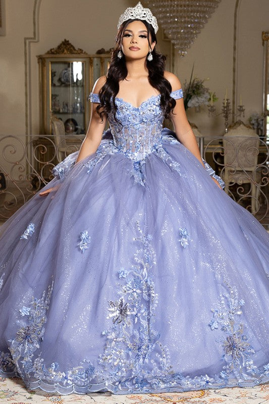 Off Shoulder 3d Floral Applique Quinceanera Dress