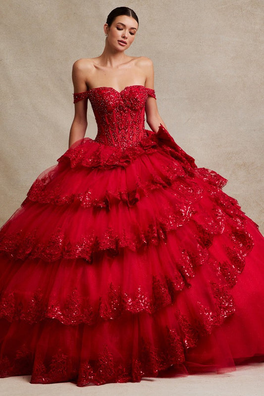 Off Shoulder Bone-in Corset Tier Skirt Ball Gown
