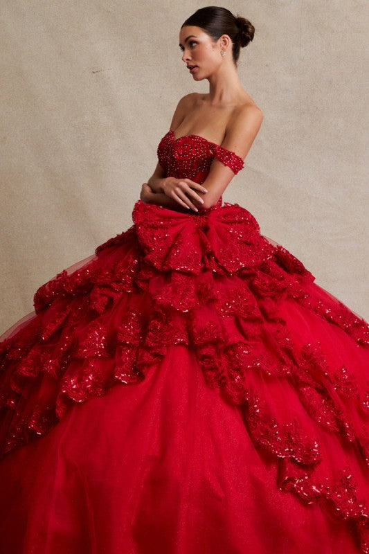 Off Shoulder Bone-in Corset Tier Skirt Ball Gown