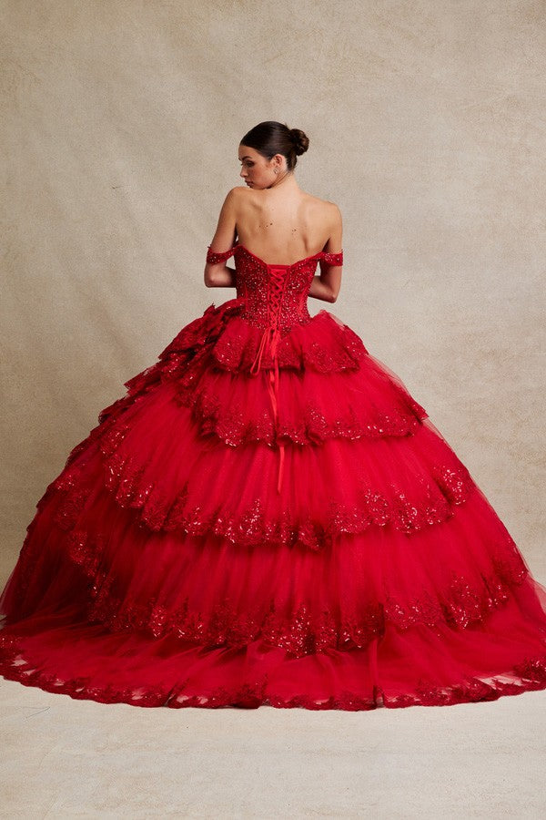 Off Shoulder Bone-in Corset Tier Skirt Ball Gown