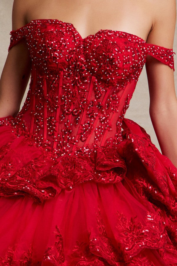 Off Shoulder Bone-in Corset Tier Skirt Ball Gown