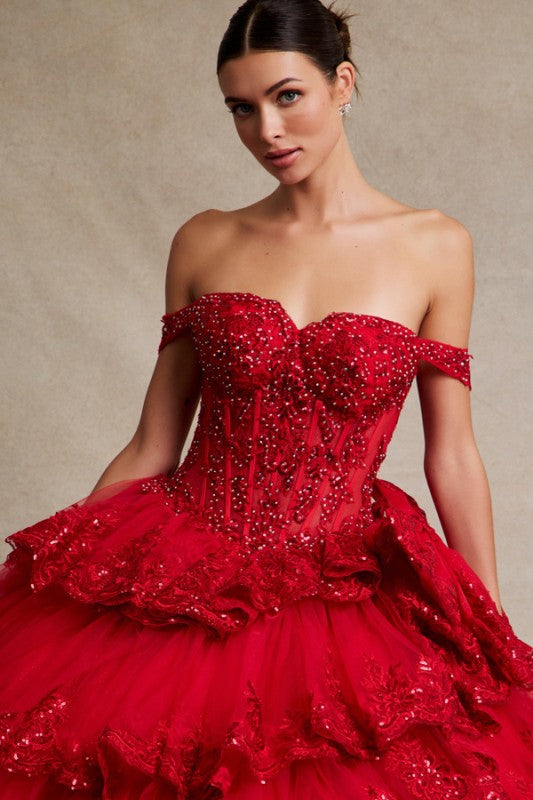 Off Shoulder Bone-in Corset Tier Skirt Ball Gown