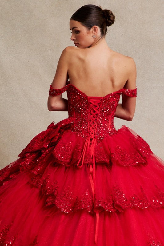 Off Shoulder Bone-in Corset Tier Skirt Ball Gown