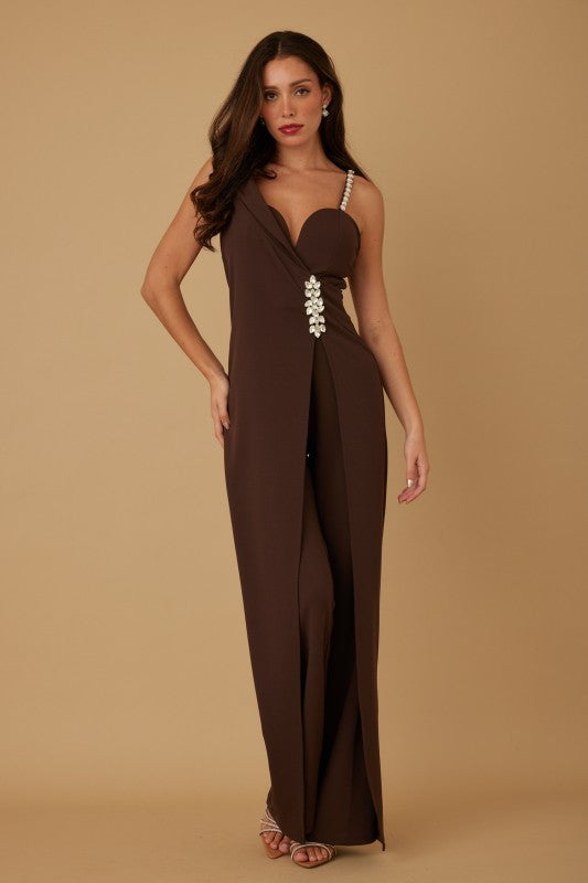 Open Slit Jewel Stone Detail Jumpsuit