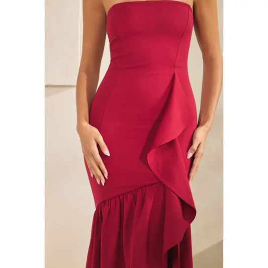 Strapless Ruffled High Low Maxi Dress