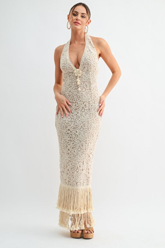 Isla Crochet Fringe Halter Maxi Dress