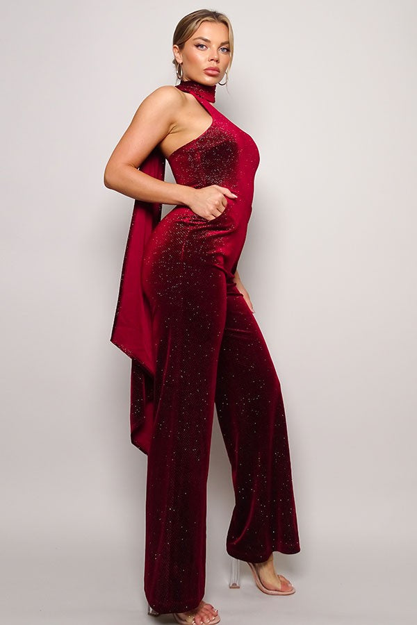 Scarf Neck Velvet Jumpsuit