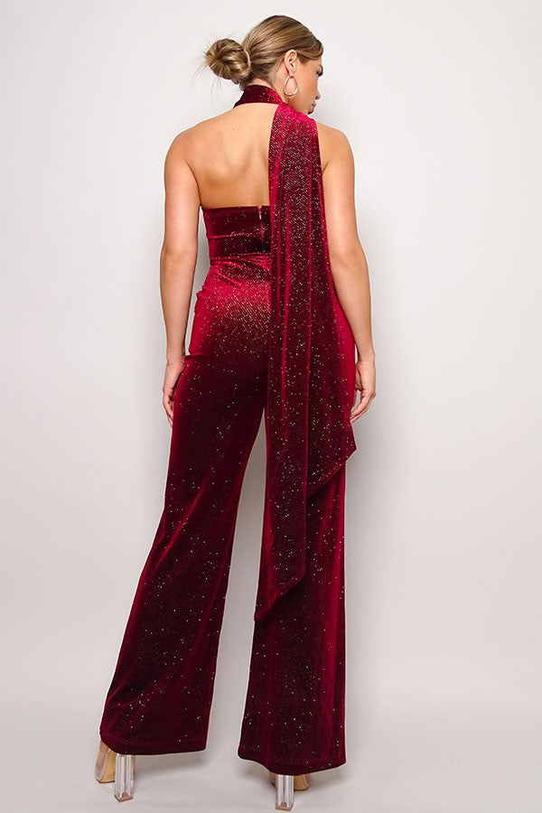 Scarf Neck Velvet Jumpsuit