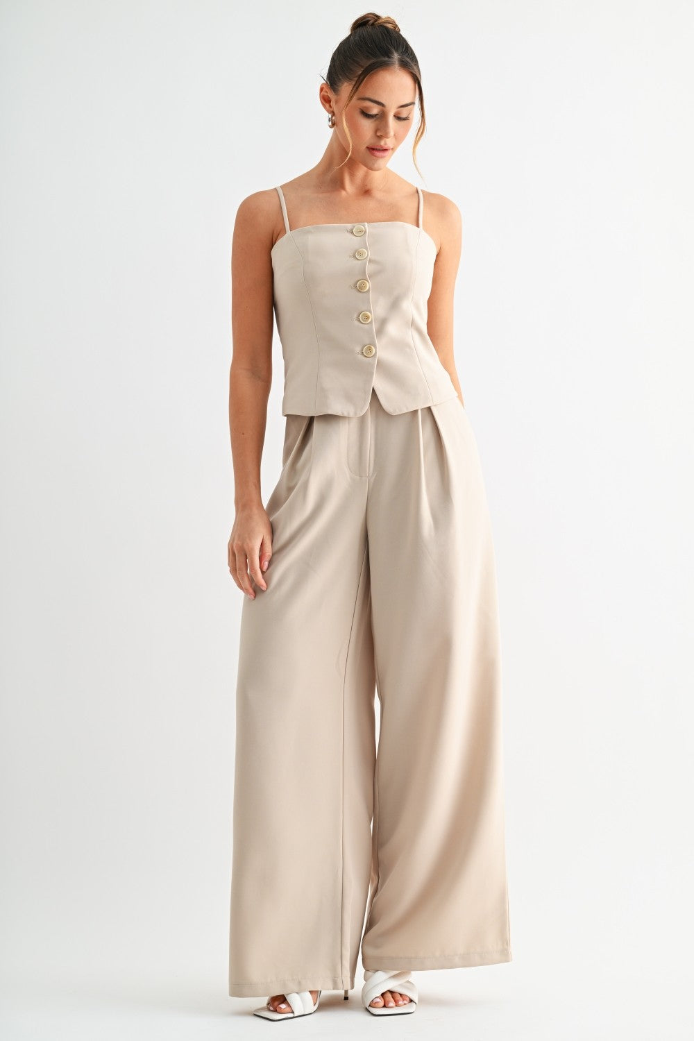 Button Front Top & Wide Leg Pant Set