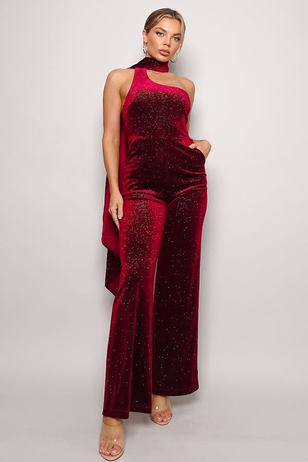 Scarf Neck Velvet Jumpsuit
