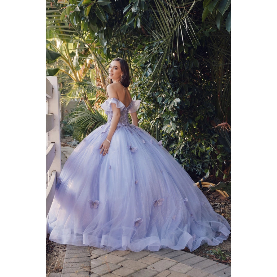 Ruffle Off Shoulder with 3D Butterfly Sheer Corset Ball Gown