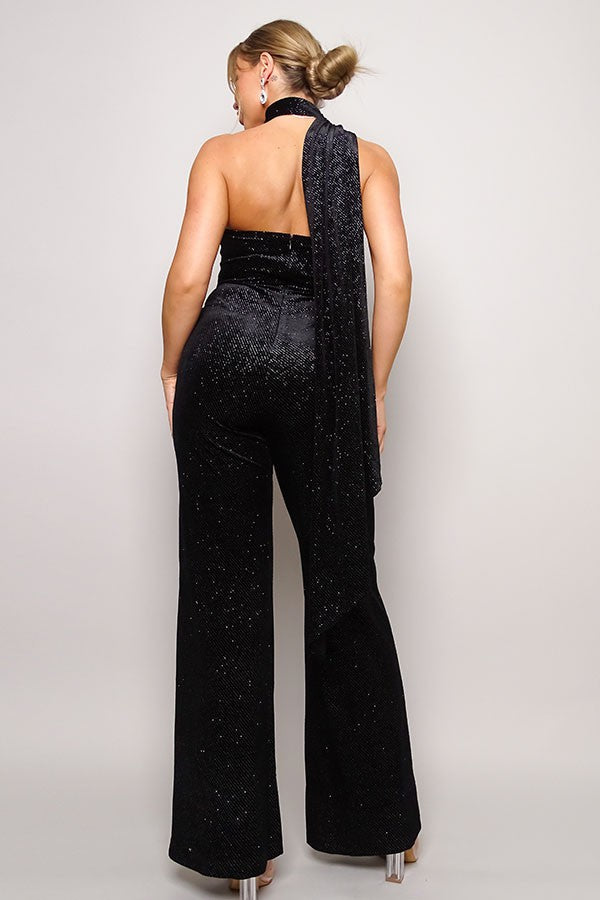 Scarf Neck Velvet Jumpsuit