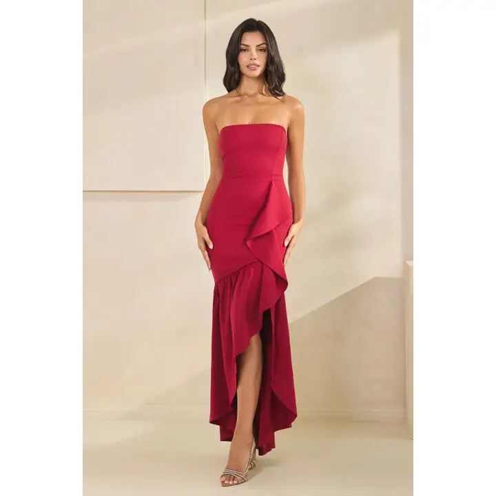 Strapless Ruffled High Low Maxi Dress