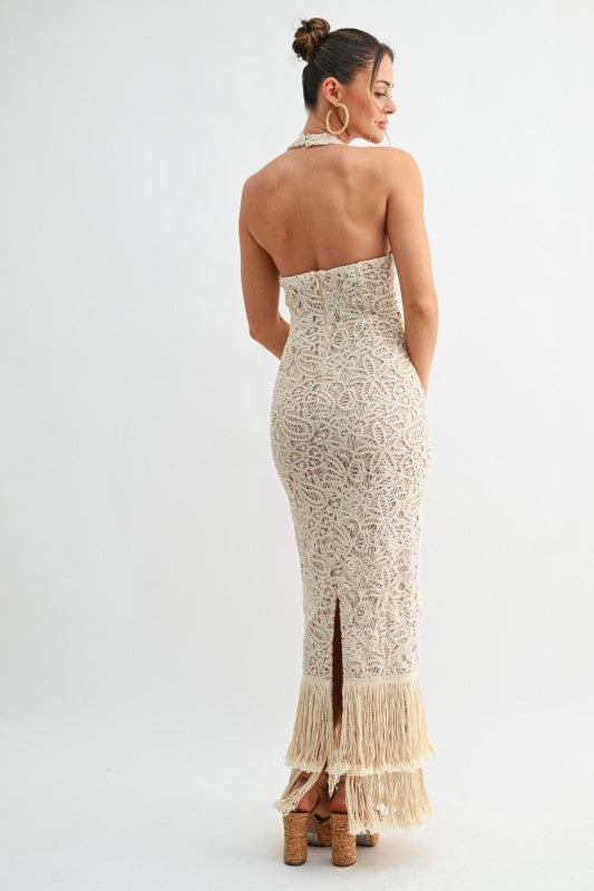 Isla Crochet Fringe Halter Maxi Dress