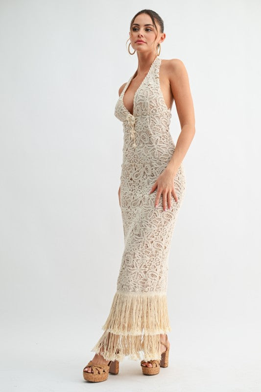 Isla Crochet Fringe Halter Maxi Dress