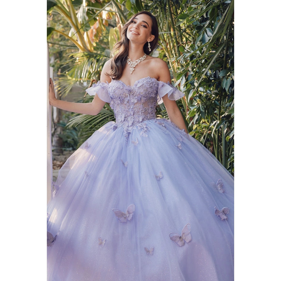 Ruffle Off Shoulder with 3D Butterfly Sheer Corset Ball Gown