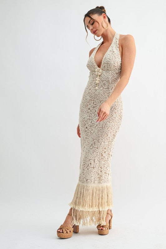 Isla Crochet Fringe Halter Maxi Dress