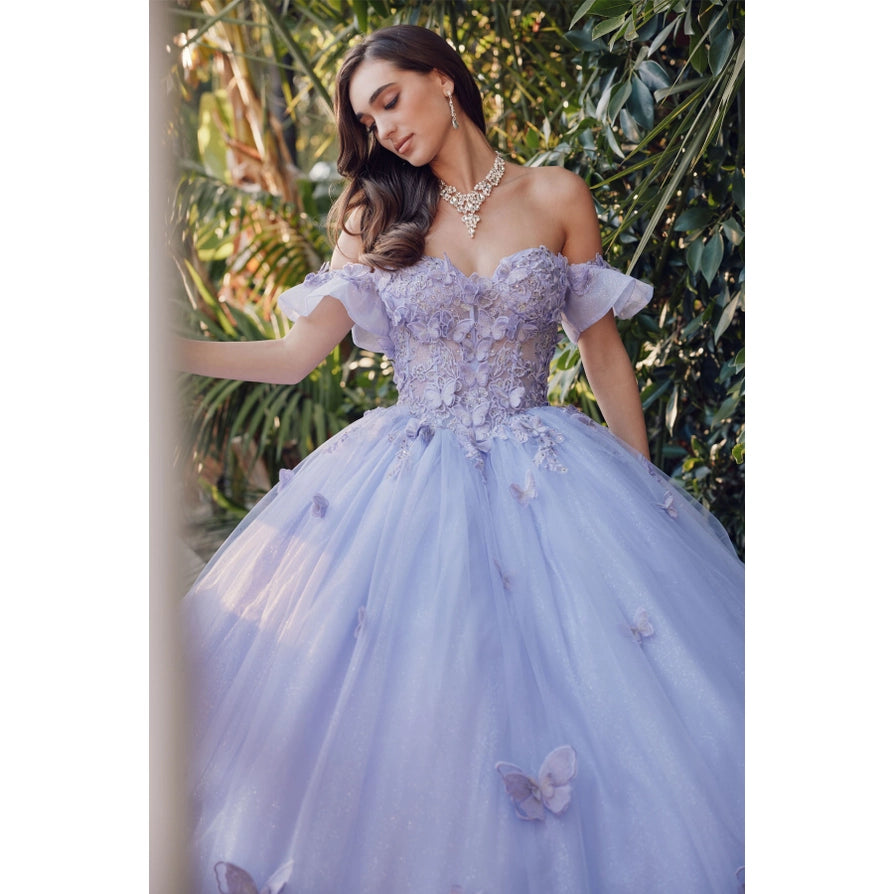 Ruffle Off Shoulder with 3D Butterfly Sheer Corset Ball Gown