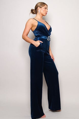 Rhinestone Belt Velvet Jumpsuit