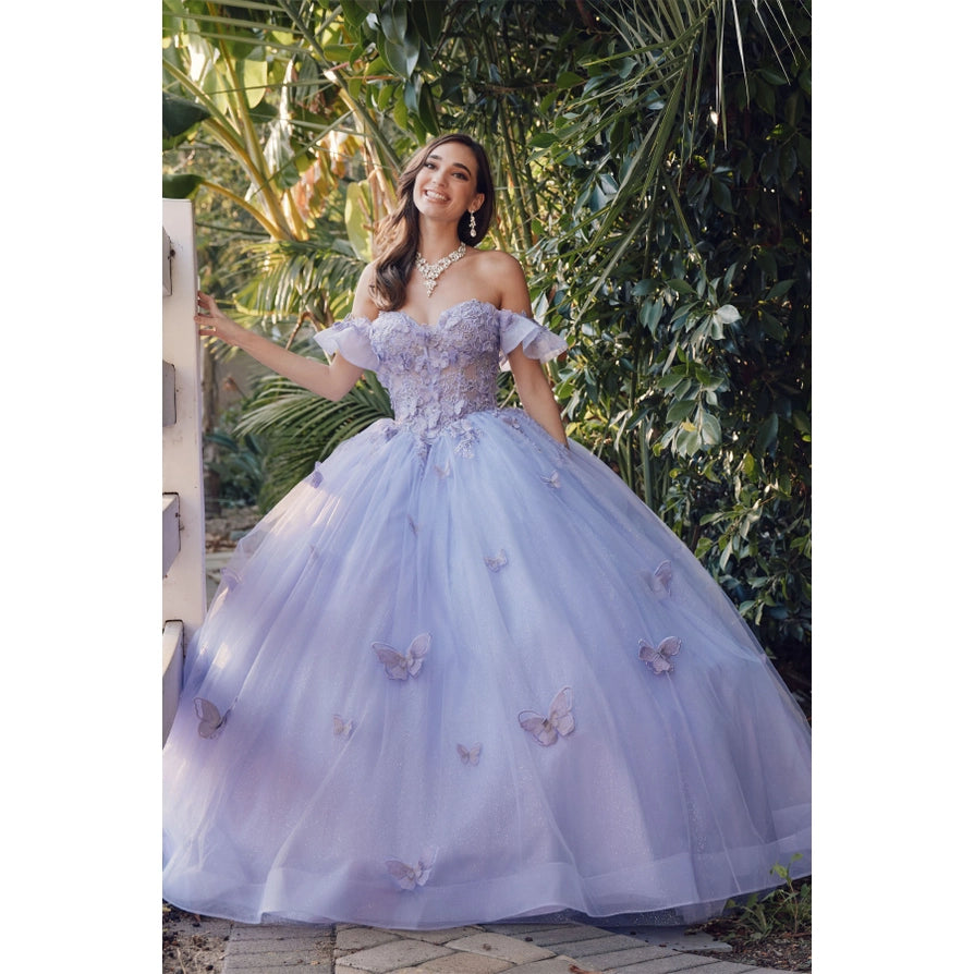 Ruffle Off Shoulder with 3D Butterfly Sheer Corset Ball Gown
