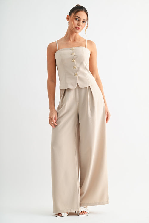Button Front Top & Wide Leg Pant Set