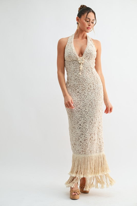 Isla Crochet Fringe Halter Maxi Dress