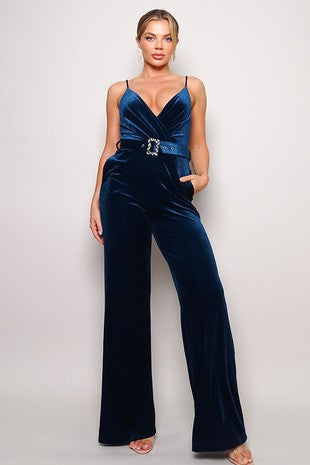 Rhinestone Belt Velvet Jumpsuit
